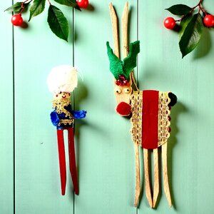 Christmas Wood Clothespiin Ornaments Hand Crafted Retro Reiindeer + Drummer Boy